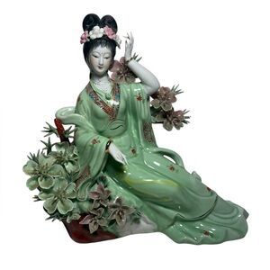 Vintage Geisha Green Porcelain Figurine